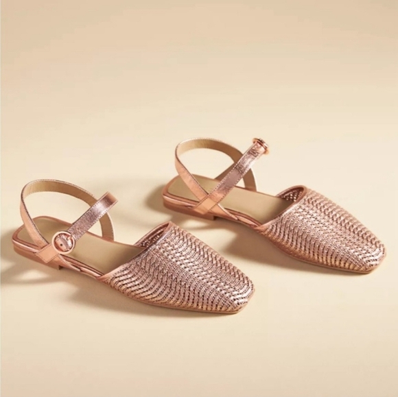 Pilcro Anthropologie Rose Gold Metallic Woven Leather Buckle Flats Size 10 - Picture 1 of 11